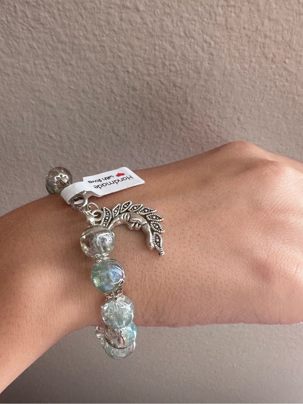 Aquamarine toned Glass Bead Bracelet with Silver Moon Charm